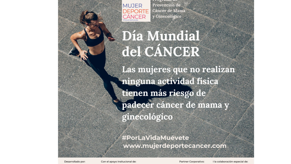 Cartel 4 de febrero día del cáncer. Mujer corriendo.
