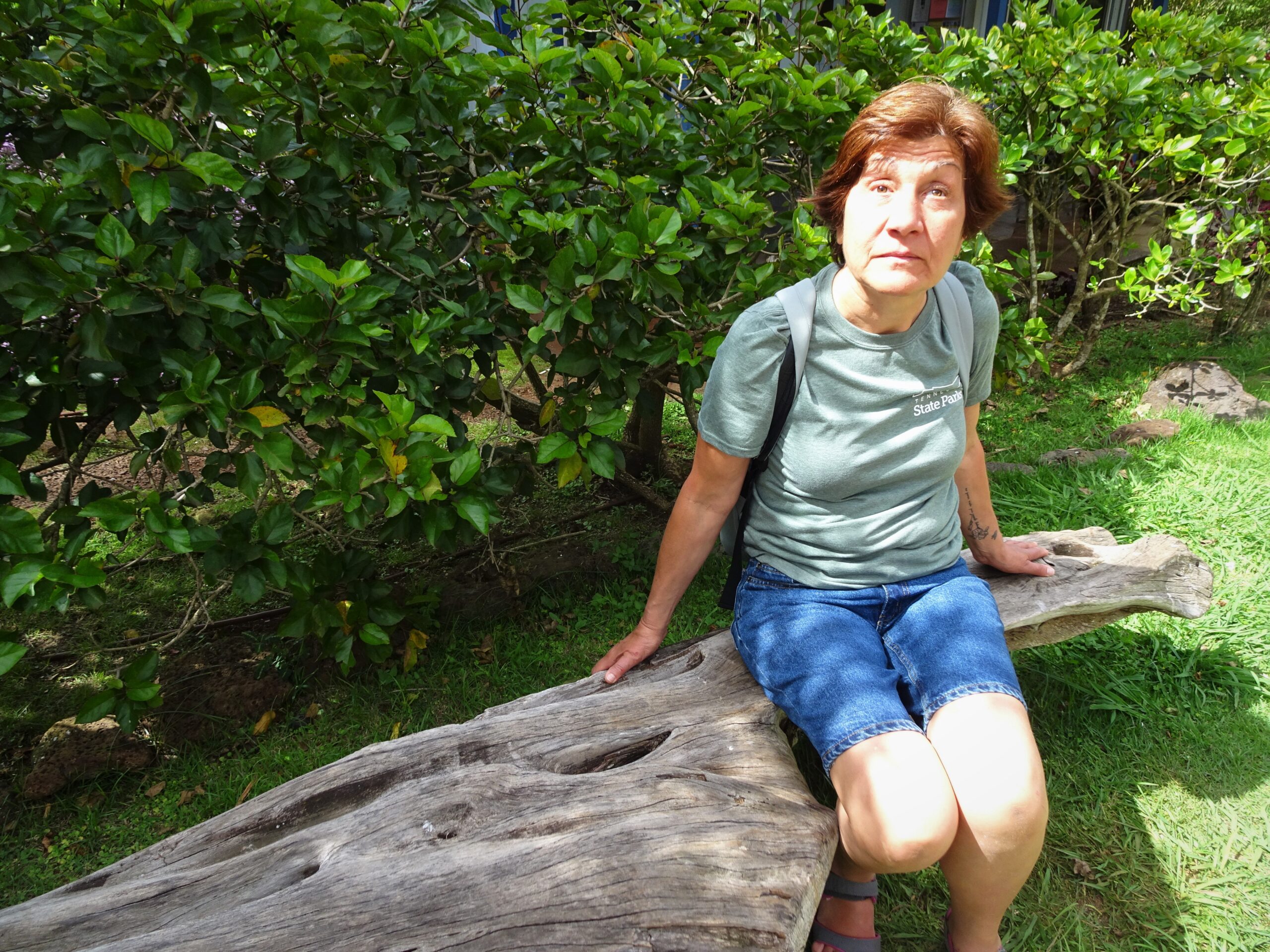 Descripción de la foto de portada: Margarita aparece a la derecha de la foto sentada sobre un tronco y con vegetación detrás. La foto fue tomada durante un viaje a Hawai.