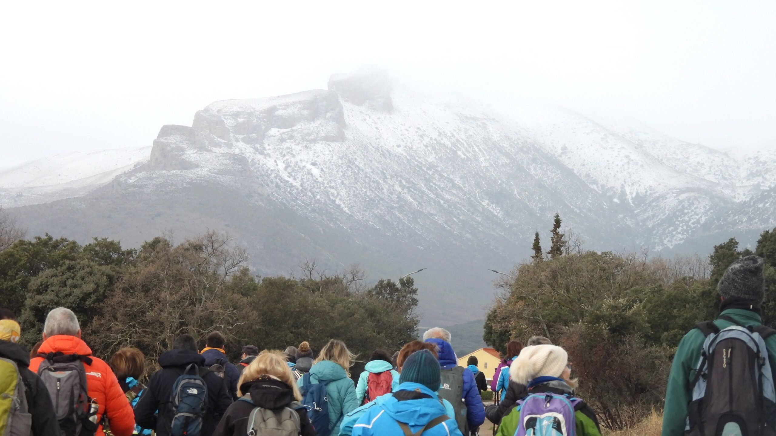 Foto del grupo de la marcha de espaldas caminando hacia las montañas nevadas y con una niebla espesa que no deja ver la cima.