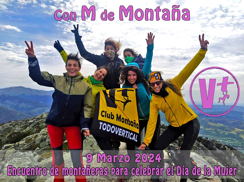 Cartel promocional del evento. Arriba y abajo un texto que pone: Con "M" de Montaña. 9 de marzo de 2024, encuentro de montañeras para celebrar el día de la mujer".