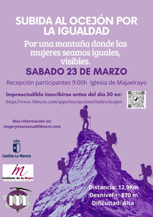 Cartel del evento. "Subida al Ocejón por la Igualdad>". Sábado 23 de marzo. De fondo unas senderistas haciendo cumbre en la montaña.