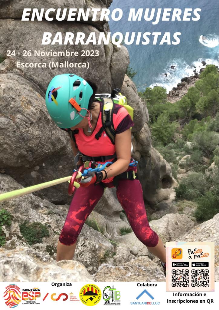 Cartel publicitario del "Encuentro de mujeres barranquistas" celebrado del 24 al 26 de noviembre en Escorca (Mallorca). Una mujer se encuentra rapelando una pared que finaliza en el mar, una de las actividades realizadas en el descenso de barrancos.